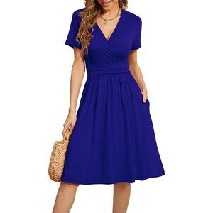 Women Royal Blue Short Sleeve V-Neck Floral Stretchy Party Dress with Pockets